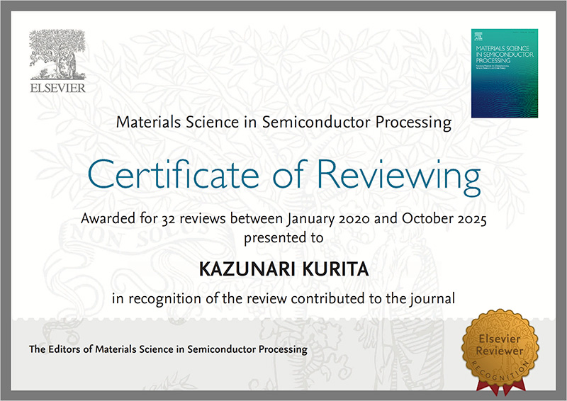 Materials Science in Semiconductor ProcessingのCertificate of Reviewing